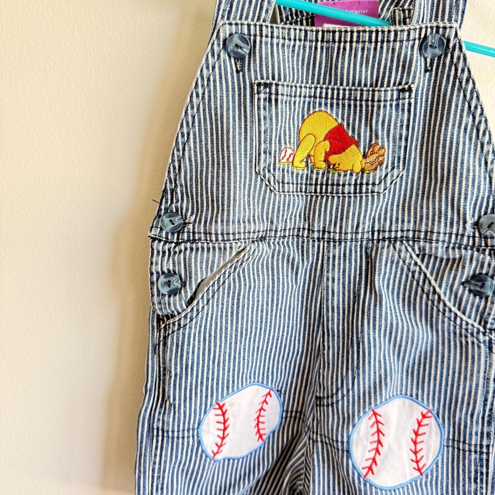 Vintage Disney Baby Overalls 18 Months Striped Denim Winnie the Pooh Baseball - Picture 6 of 11